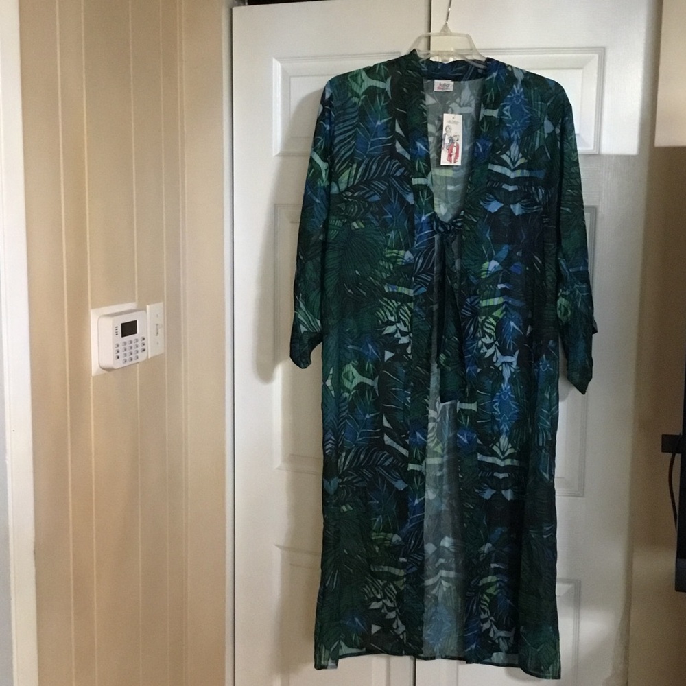Sheer Tropical Leaf Kimono - Green & Blue